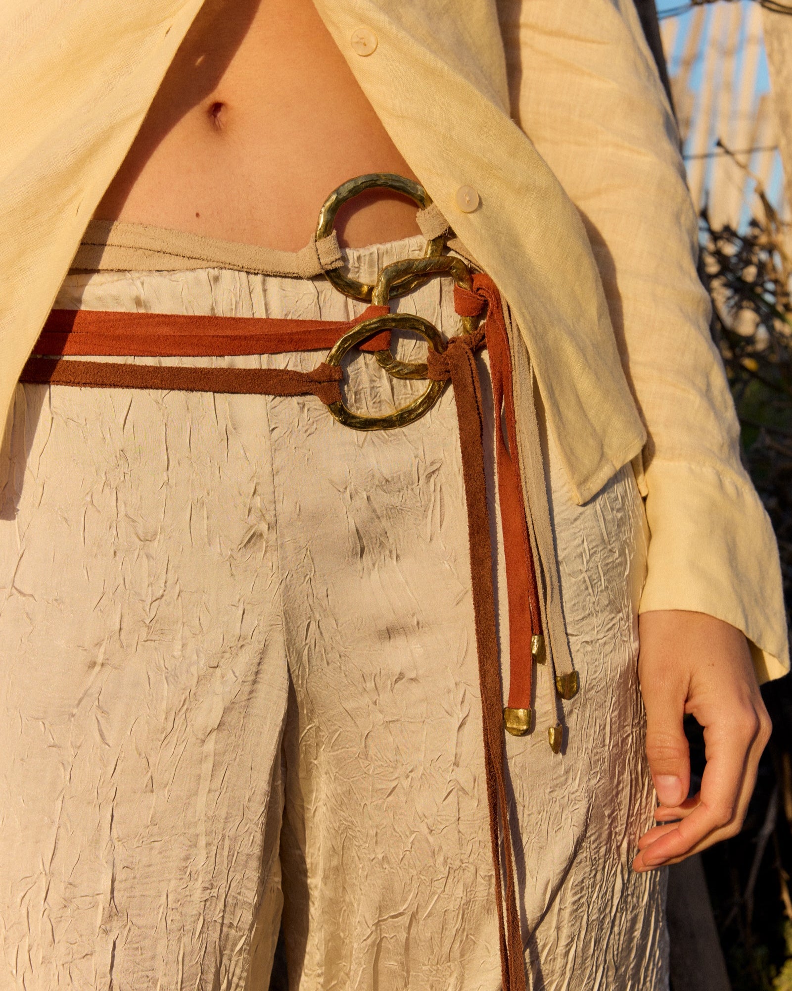 Handcrafted belt with suede leather strap. Knotted belt.
