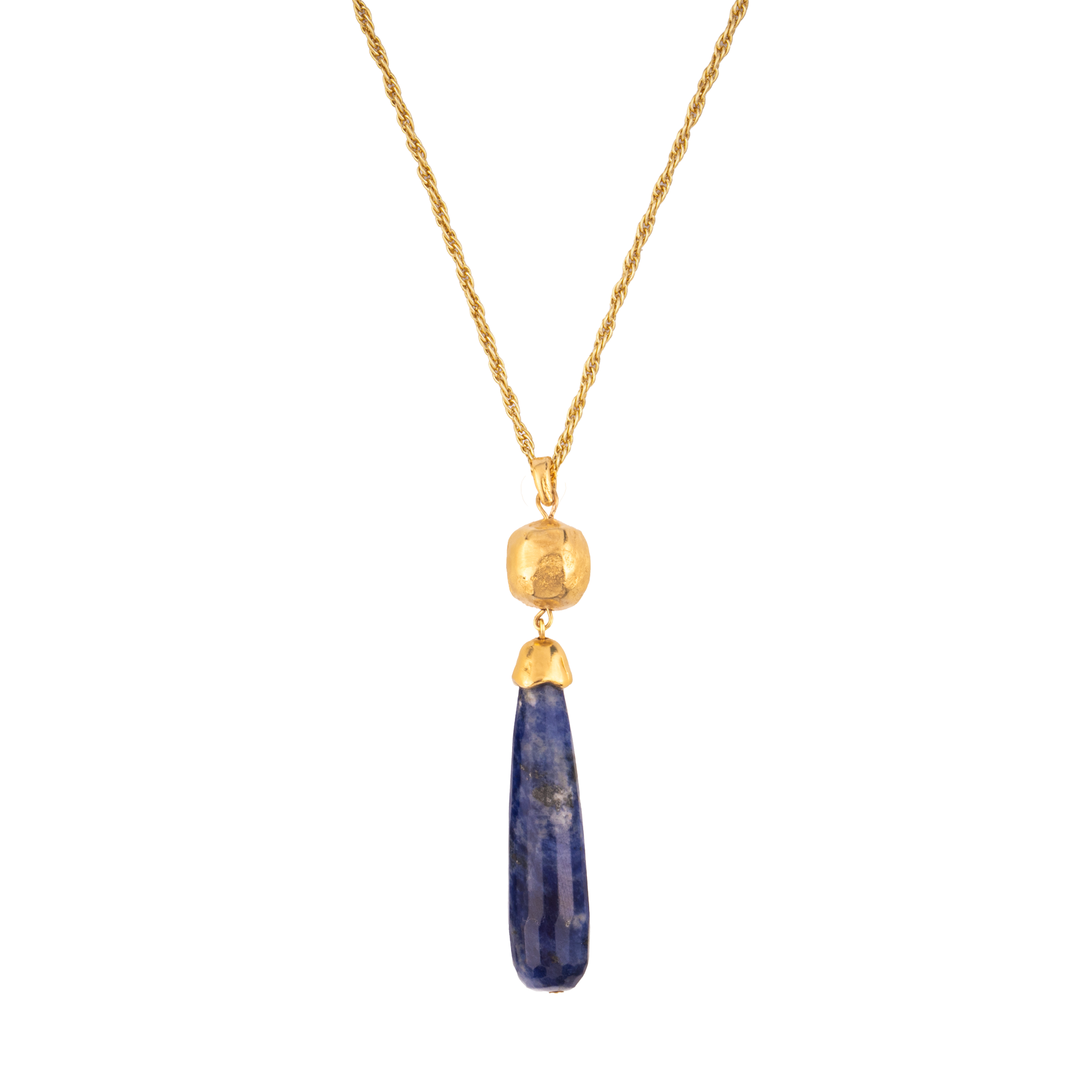 Handcrafted necklace with sodalite stone and twisted chain. 18k gold plated and handmade in Barcelona