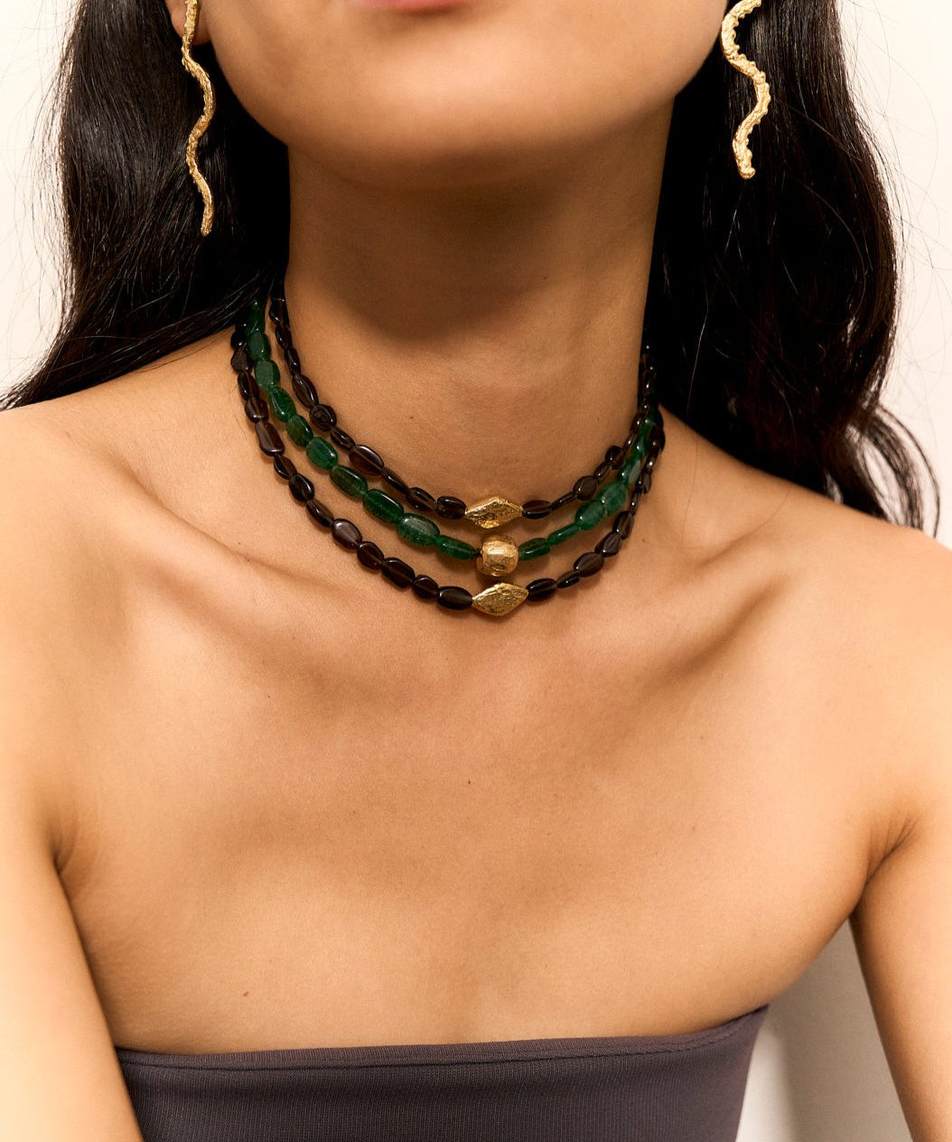 beaded necklace. aventurine and smoky quartz stones. handcrafted in Barcelona