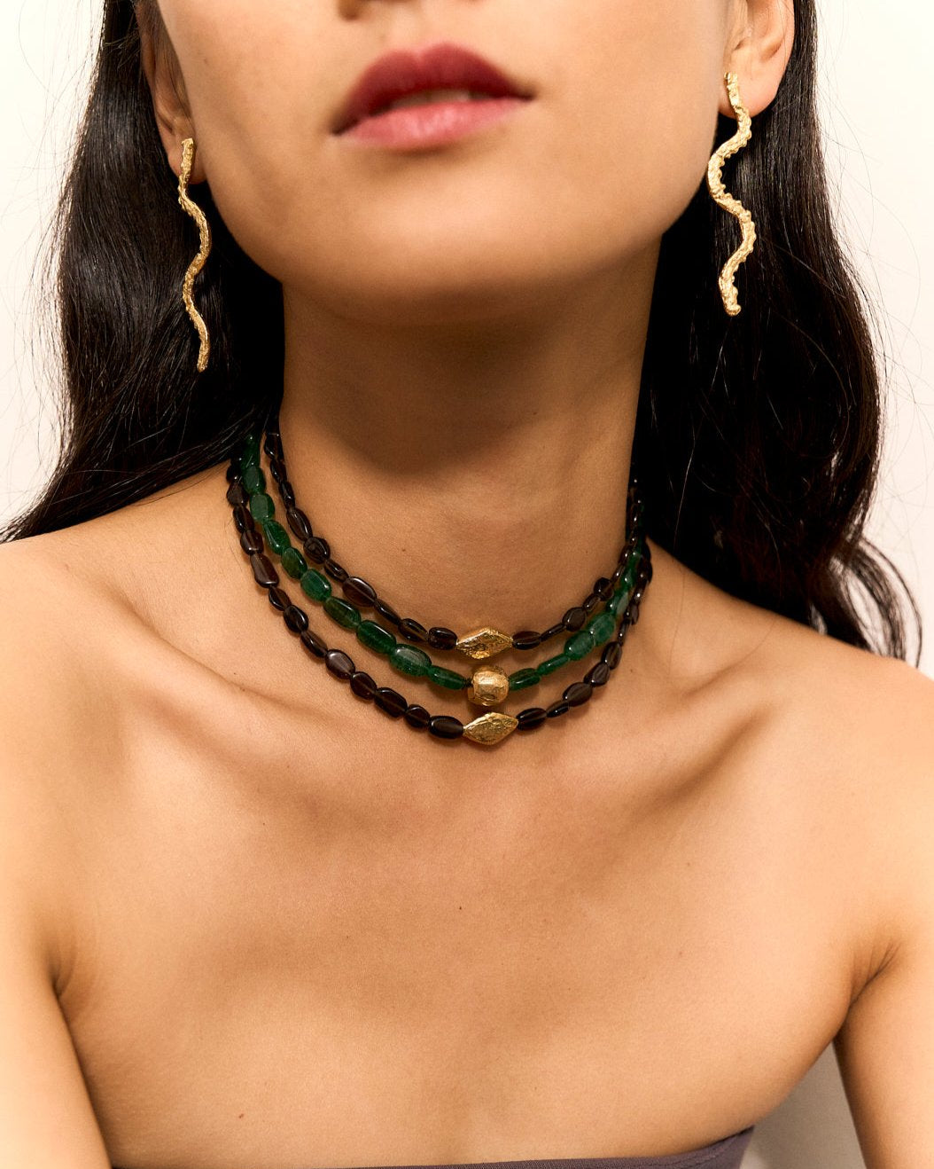 beaded necklace. aventurine and smoky quartz stones. handcrafted in Barcelona